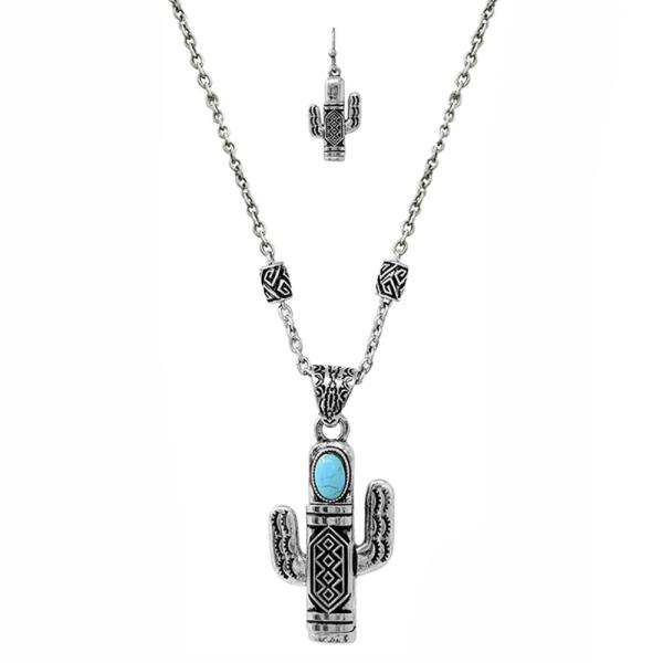 WESTERN STYLE METAL CACTUS NECKLACE EARRING SET