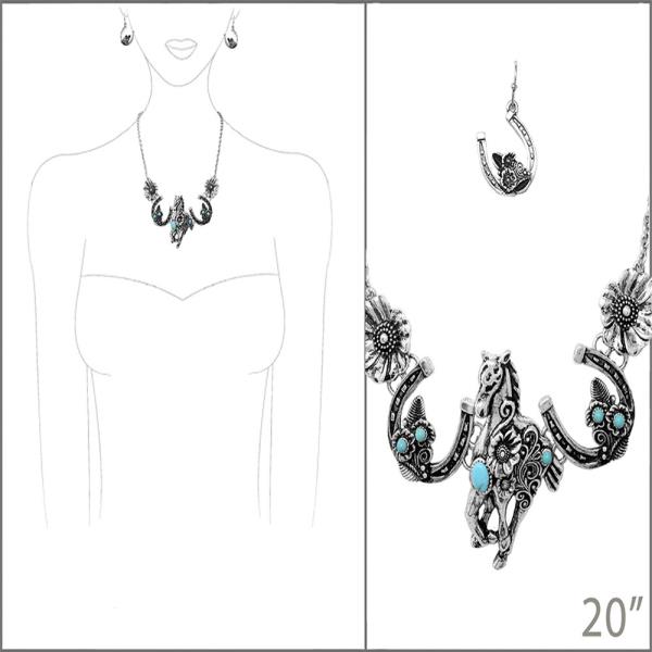 WESTERN STYLE METAL HORSE STATEMENT NECKLACE EARRING SET