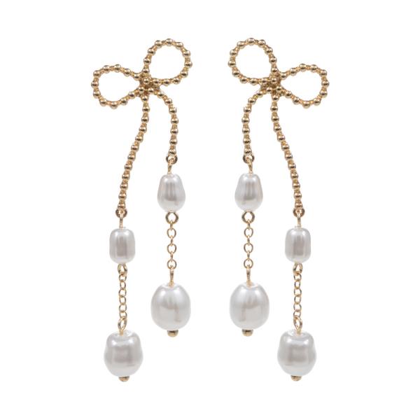 BOW SHAPED METAL BALL CHAIN MIX WITH PEARL BEAD EARRING
