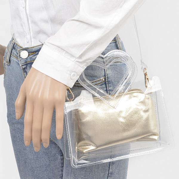 2IN1 TRANSPARENT HEART SHAPE HANDLE CLUTCH W POUCH