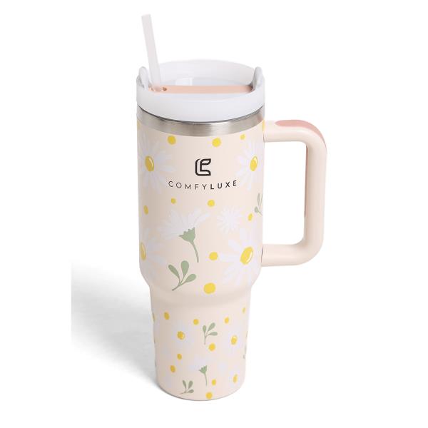 WHITE DAISY 40 oz TUMBLER W/HANDLE DOUBLE WALL STAINLESS STEEL