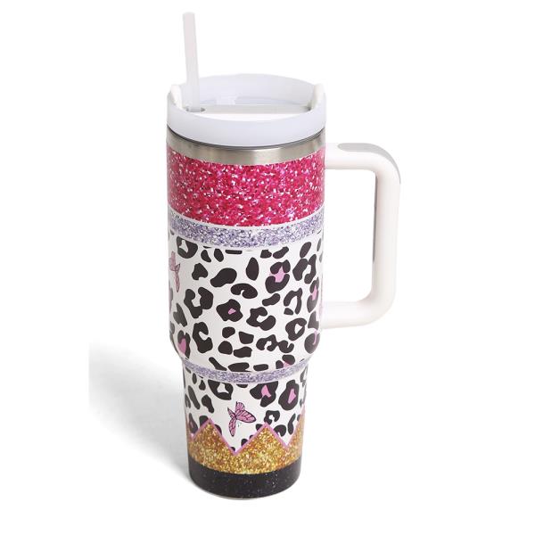 LEOPARD 40 oz TUMBLER W/HANDLE DOUBLE WALL STAINLESS STEEL