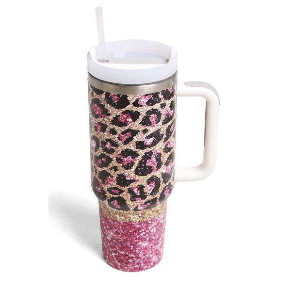 LEOPARD 40 oz TUMBLER W/HANDLE DOUBLE WALL STAINLESS STEEL