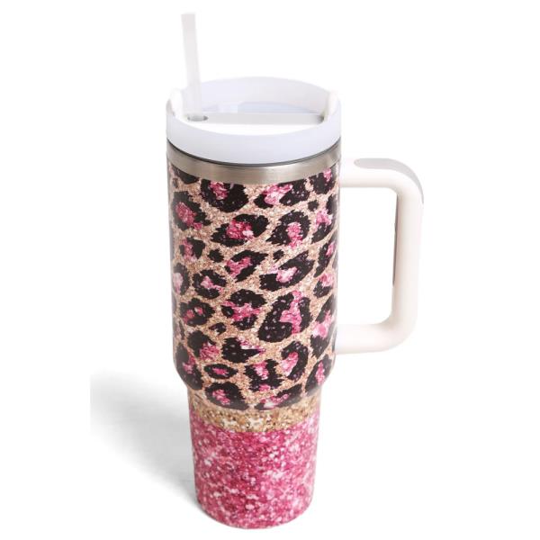 LEOPARD 40 oz TUMBLER W/HANDLE DOUBLE WALL STAINLESS STEEL