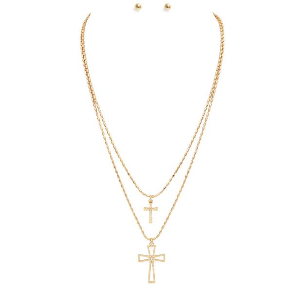 2 LAYERED METAL CHAIN CROSS PENDANT NECKLACE EARRING SET