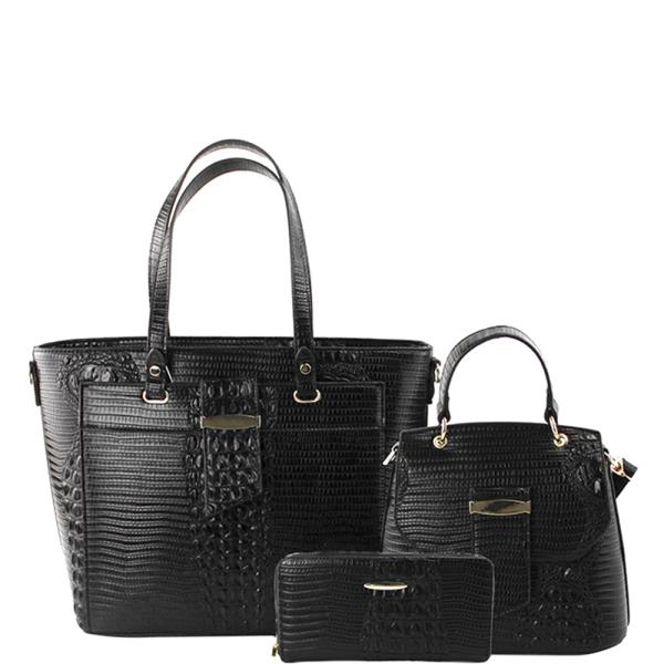 3IN1 CROC TEXTURED CHIC SATCHEL W HANDLE CROSSBODY AND WALLET SET