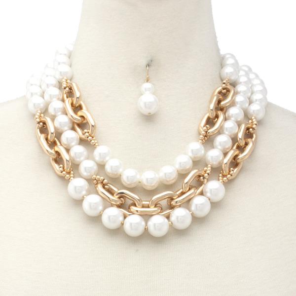 PEARL BEAD OVAL LINK LAYERED NECKLACE