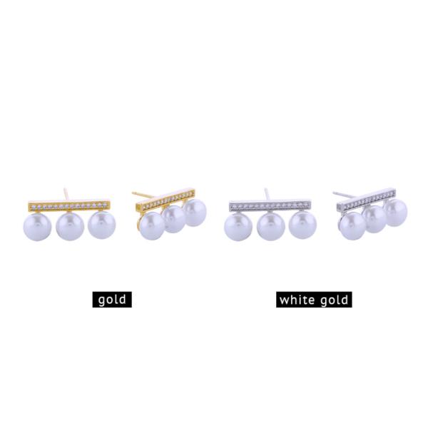 14K GOLD/WHITE GOLD DIPPED CZ BAR TRIO PEARL POST EARRINGS
