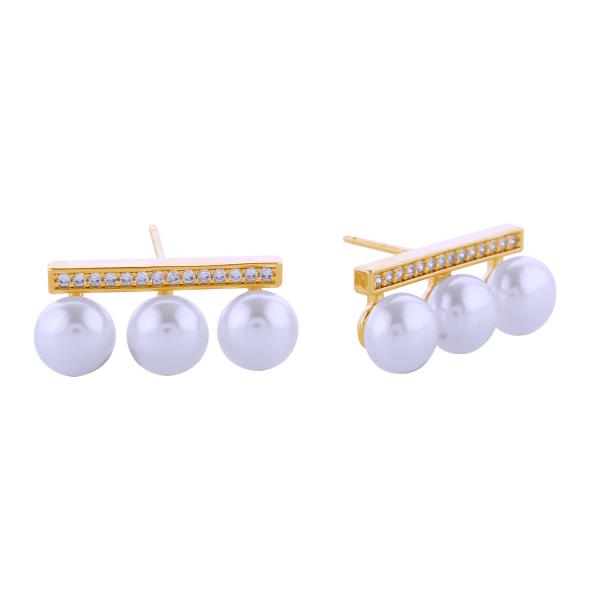 14K GOLD/WHITE GOLD DIPPED CZ BAR TRIO PEARL POST EARRINGS