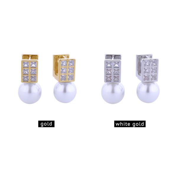 14K GOLD/WHITE GOLD DIPPED SQUARE CZ PEARL DROP HUGGIE EARRINGS