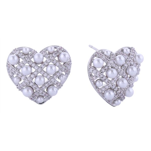 14K GOLD/WHITE GOLD DIPPPED WOVEN CZ PEARL HEART POST EARRINGS