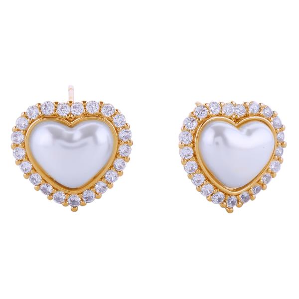 14K GOLD/WHITE GOLD DIPPED HEART PEARL PAVE CZ POST EARRINGS