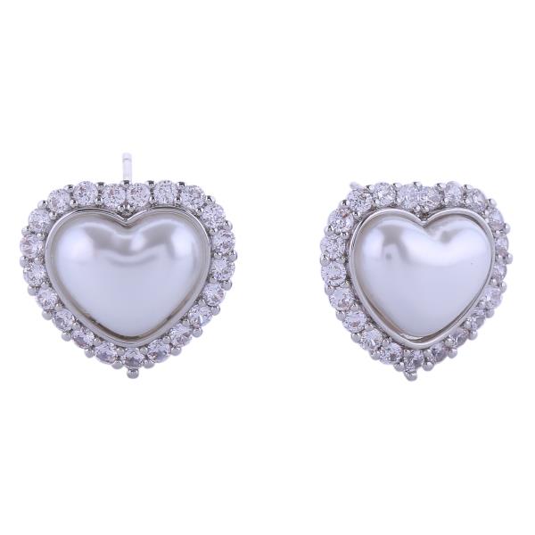 14K GOLD/WHITE GOLD DIPPED HEART PEARL PAVE CZ POST EARRINGS