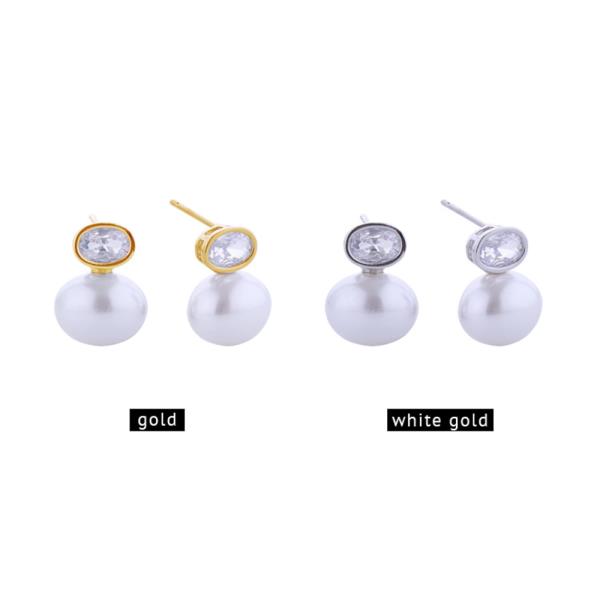 14K GOLD/WHITE GOLD DIPPED CZ SPARKLE PEARL DROP POST EARRINGS