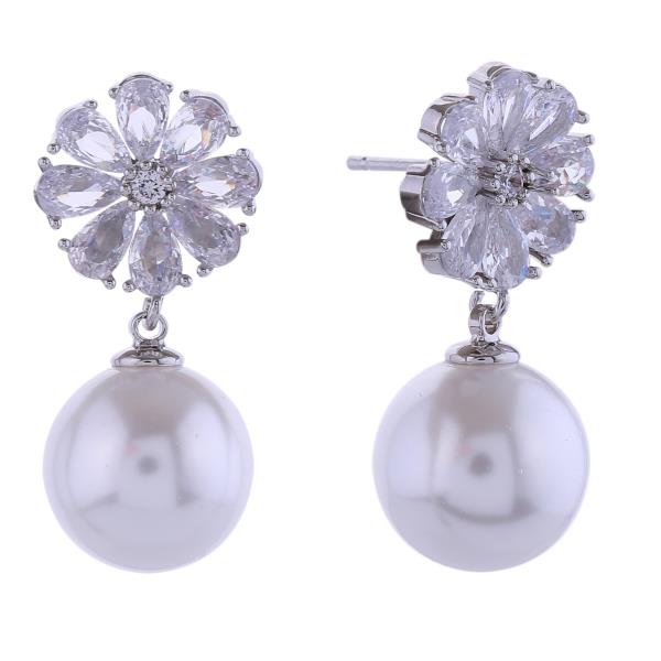 14K GOLD/WHITE GOLD DIPPED FLOWER CRYSTAL TOP PEARL POST EARRINGS