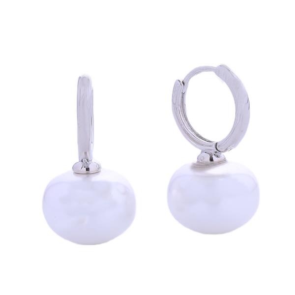 14K GOLD/WHITE GOLD DIPPED DANGLING PEARL HUGGIE EARRINGS