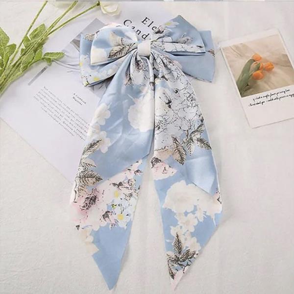 FLOWER PATTERN RIBBON HAIR BOW PIN  WITH LONG TAIL
