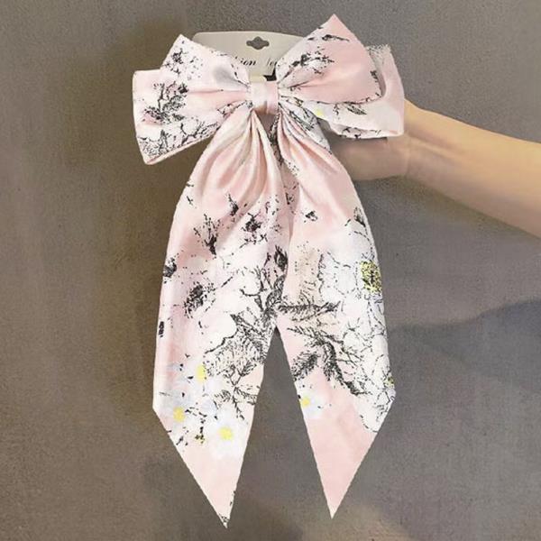 FLOWER PATTERN RIBBON HAIR BOW PIN  WITH LONG TAIL