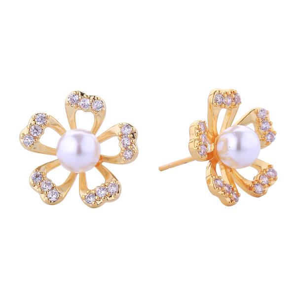 14K GOLD/WHITE GOLD DIPPED PETALS PEARL POST EARRINGS