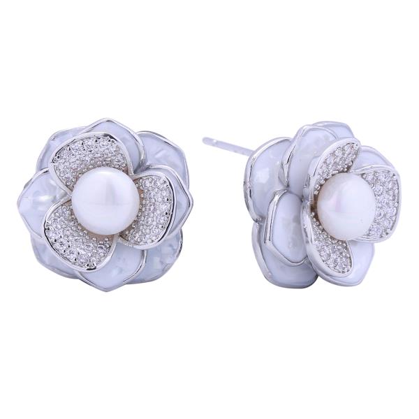 14K GOLD/WHITE GOLD DIPPED PEONY PEARL POST EARRINGS