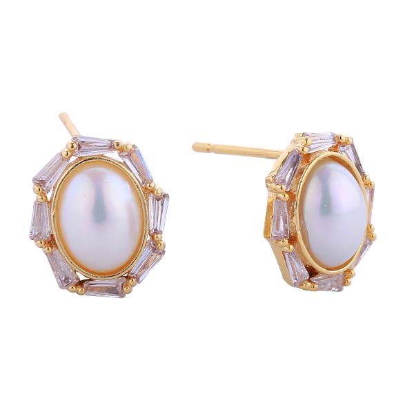 14K GOLD/WHITE GOLD DIPPED OVAL PEARL PAVE CZ POST EARRINGS