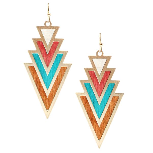 STACKED TRIANGLE WOODEN METAL DANGLE EARRING