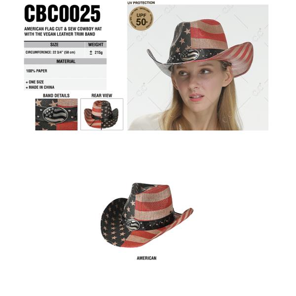 CC AMERICAN FLAG CUT & SEW COWBOY HAT WITH THE VEGAN LEATHER TRIM BAND