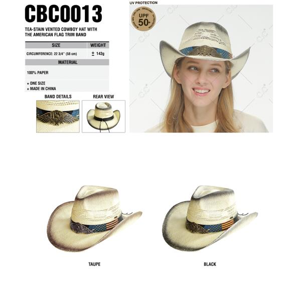 CC TEA-STAIN VENTED COWBOY HAT WITH THE AMERICAN FLAG TRIM BAND
