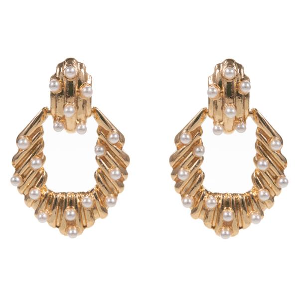 IRREGULAR SHAPED PEARL PAVE ON GROOVED METAL EARRING