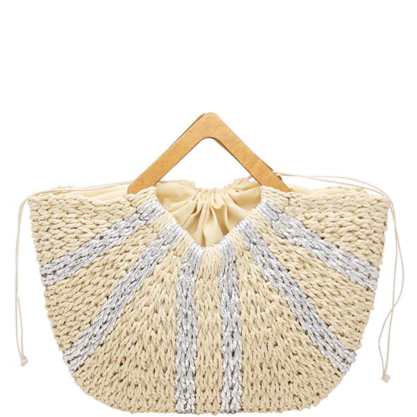 TWO TONE STRAW DRAWSTRING TOTE BAG