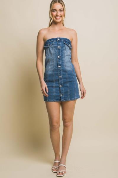 ($17.50/EA X 6 PCS) Denim Tube Sleeveless Button Short Dress