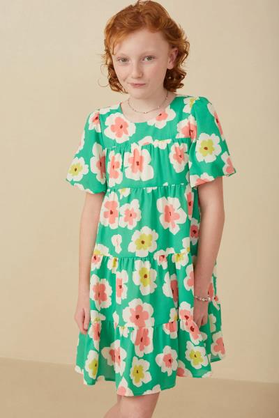 ($29.95/EA X 4 PCS) Girls Floral Puff Sleeve Tiered Dress