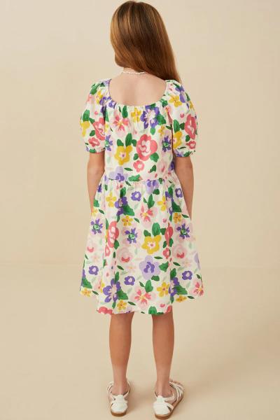 ($29.95/EA X 4 PCS) Girls Floral Print Buttoned Square Neck Dress