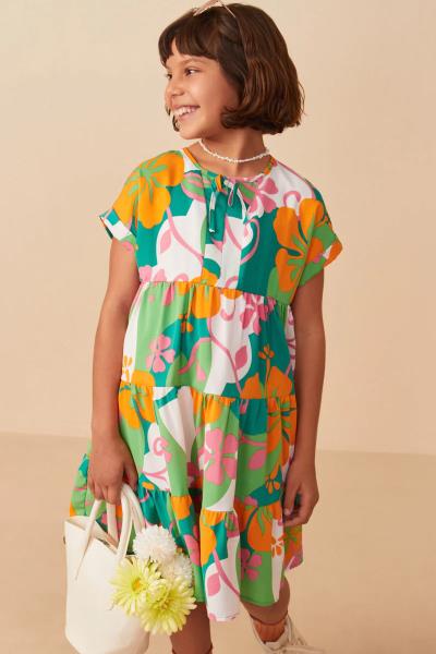 ($29.95/EA X 4 PCS) Girls Vibrant Floral Print Tie Detail Tiered Dress