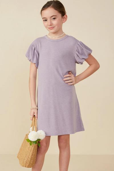 ($29.95/EA X 4 PCS) Girls Gathered Puff Sleeve French Terry Knit Dress