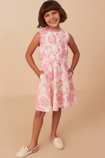 ($31.75/EA X 4 PCS) Girls Tonal Floral Print Smocked Waist Lace Trim Dress