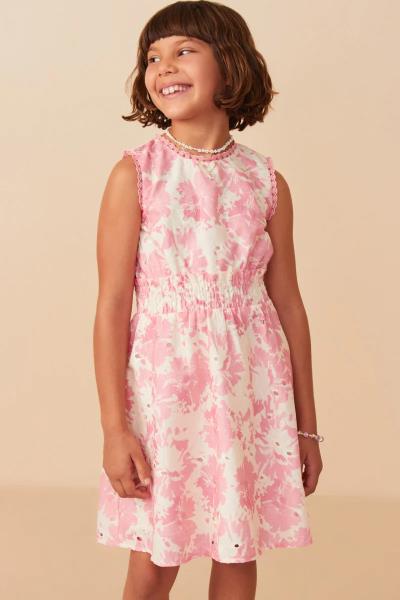 ($31.75/EA X 4 PCS) Girls Tonal Floral Print Smocked Waist Lace Trim Dress