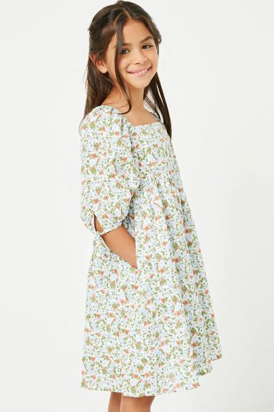 ($27.95/EA X 4 PCS) Girls Tie Sleeve Square Neck Floral Tunic Dress