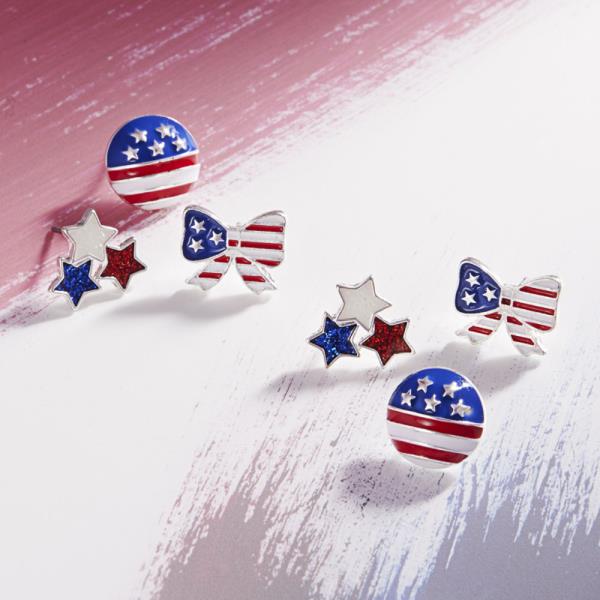STAR SHAPED 3 SET AMERICAN FLAG COLOR ENAMEL EARRING