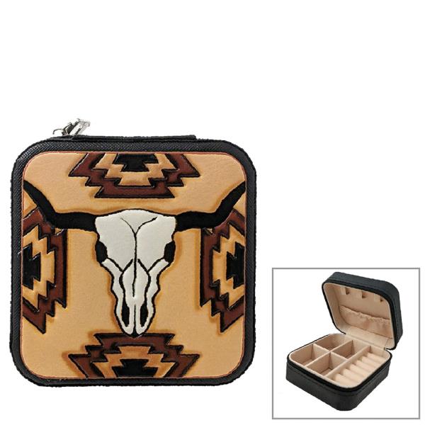COW SKULL WESTERN TOOLED LEATHER TRAVEL JEWELRY BOX