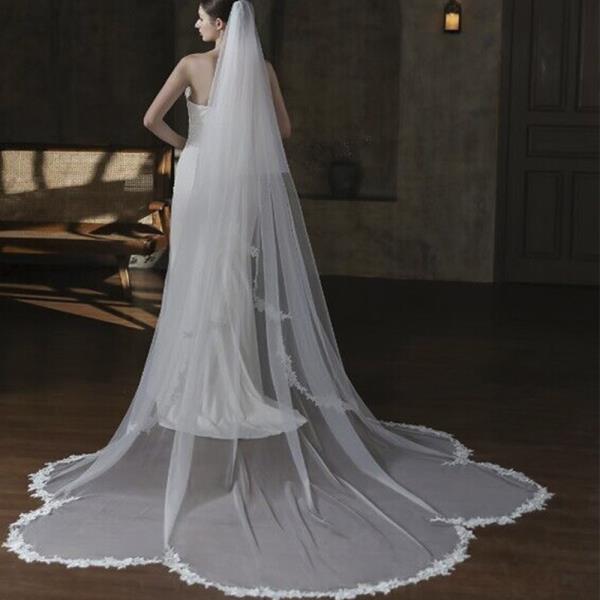 WHITE LONG TULLE TWO-TIER CATHEDRAL WEDDING VEIL WITH LACE