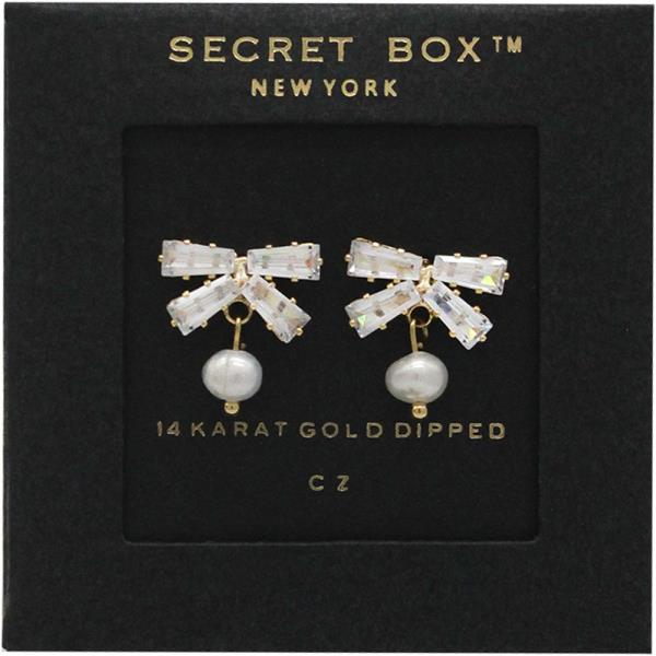 SECRET BOX 14K GOLD DIPPED CZ PEARL RIBBON EARRING