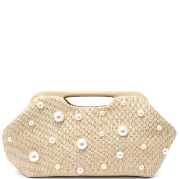 WOVEN STRAW PEARL EMBELLISHED MALLORY CLUTCH BAG