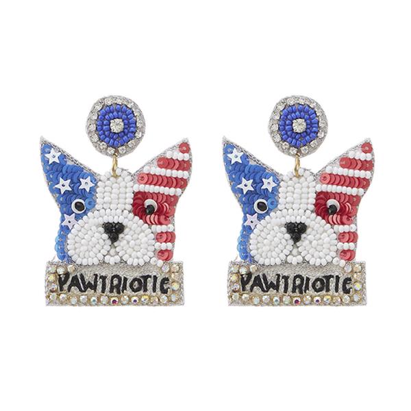 RED WHITE BLUE PAWIRIOTIC DOG DANGLE EARRING