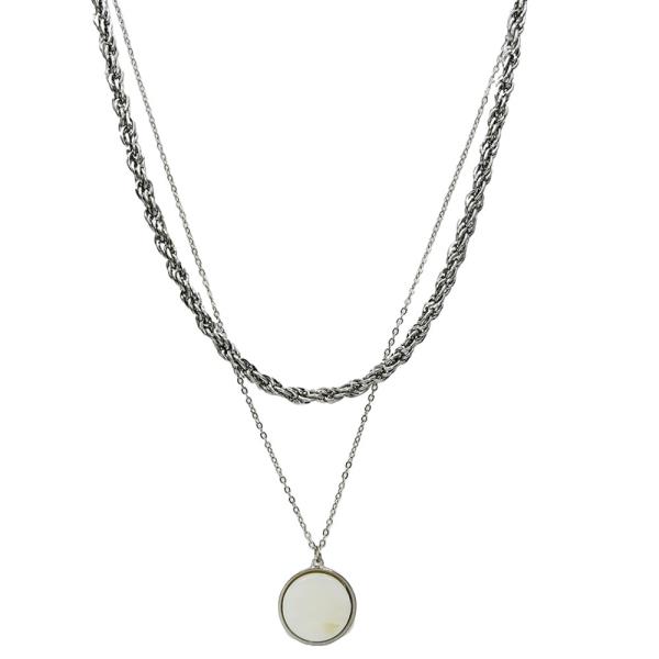 2 LAYERED METAL CHAIN ROUND PENDANT NECKLACE