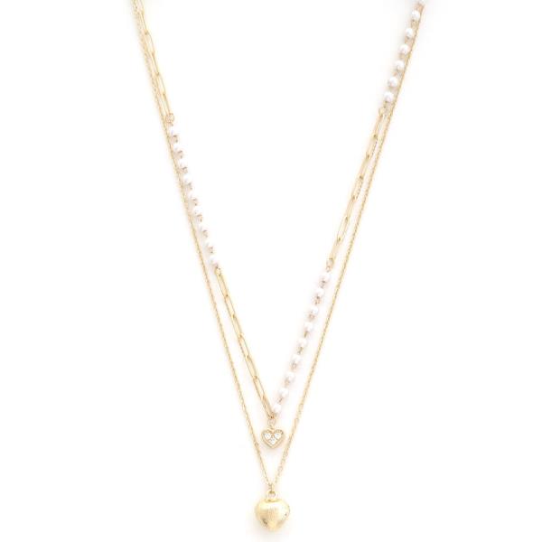 DOUBLE HEART CHARM PEARL BEAD LAYERED NECKLACE