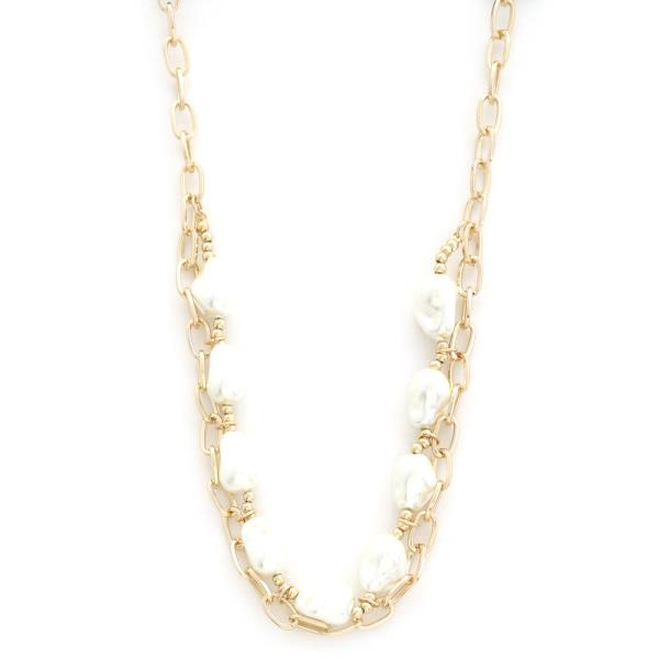 CHUNKY PEARL BEAD OVAL LINK LAYERED NECKLACE