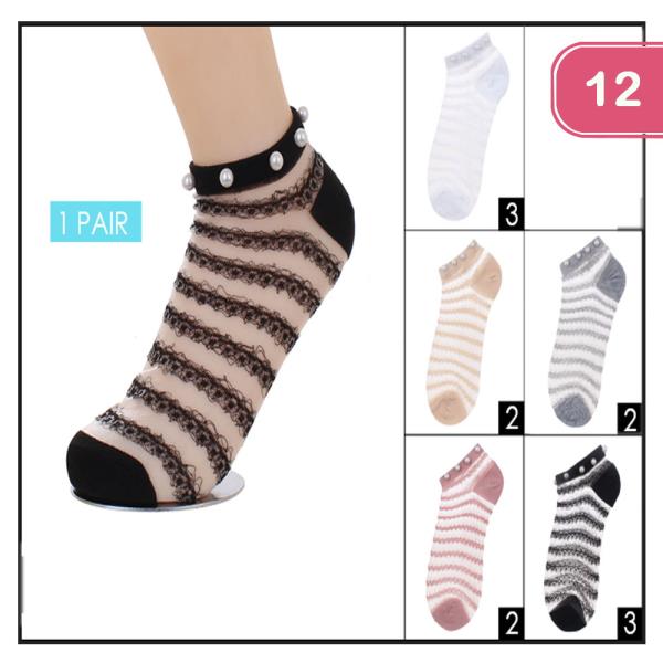 STRIPE SEE THROUGH SOCKS WITH PEARLS (12 UNITS)