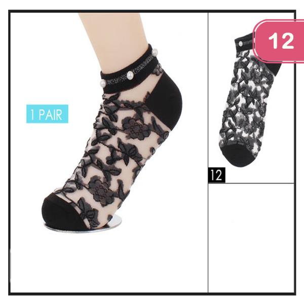 BLACK AND WHITE SEE THROUGH FLOWER DESIGN SOCK (12 UNITS)