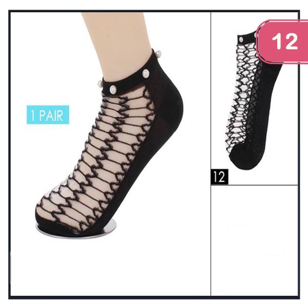 ALL BLACK FISHNET LIKE SEE THROUGH SOCKS WITH PEARLS (12 UNITS)